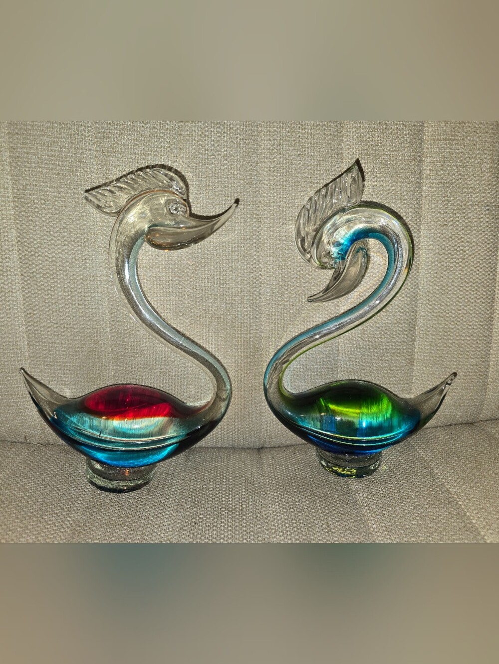 Murano Vintage Green, Blue, Red Venetian Glass Swan Figurines